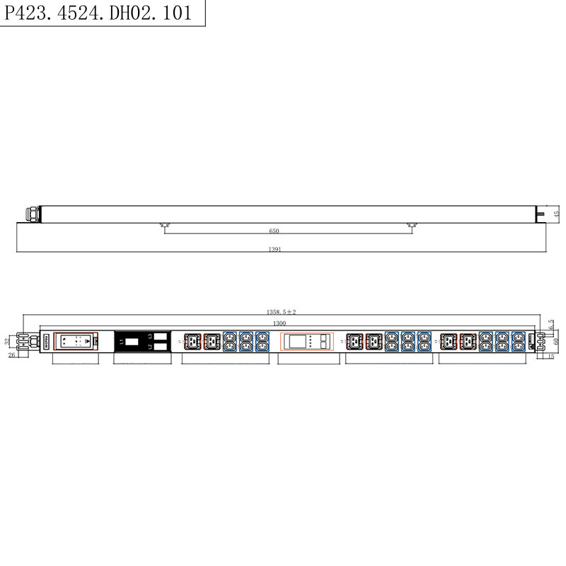 24 Steckdosen, 3-phasig, IEC C13 und C19, abschließbare Steckdosen, 1,5 HE, Flüssigkeitsmagnet-Schutzschalter, vertikale Hot-Swap-fähige RS485-Rack-PDU mit Messung